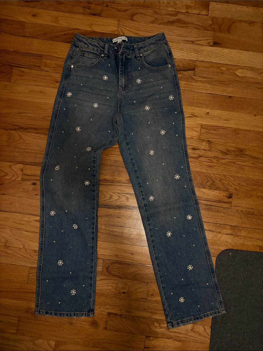 Women's Dark Blue Straight-Leg Jeans with Embroidered Floral Accents